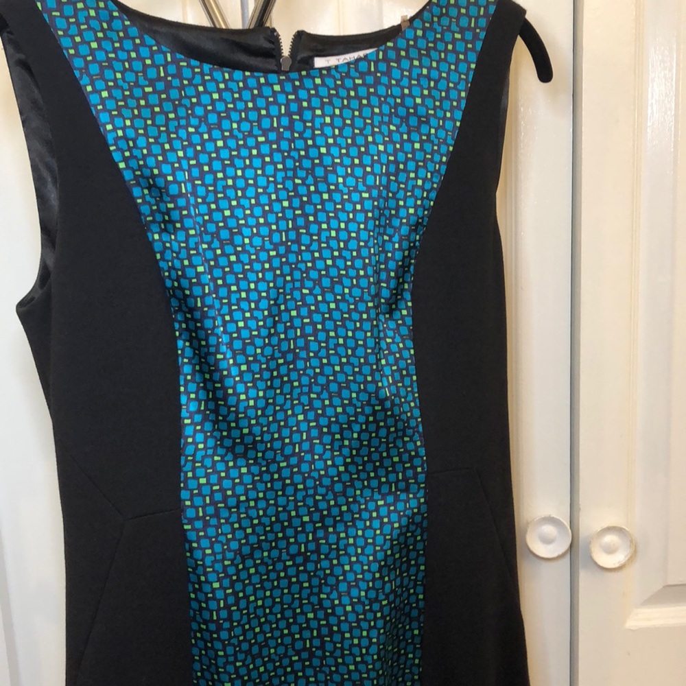 Black dress with green and blue panel